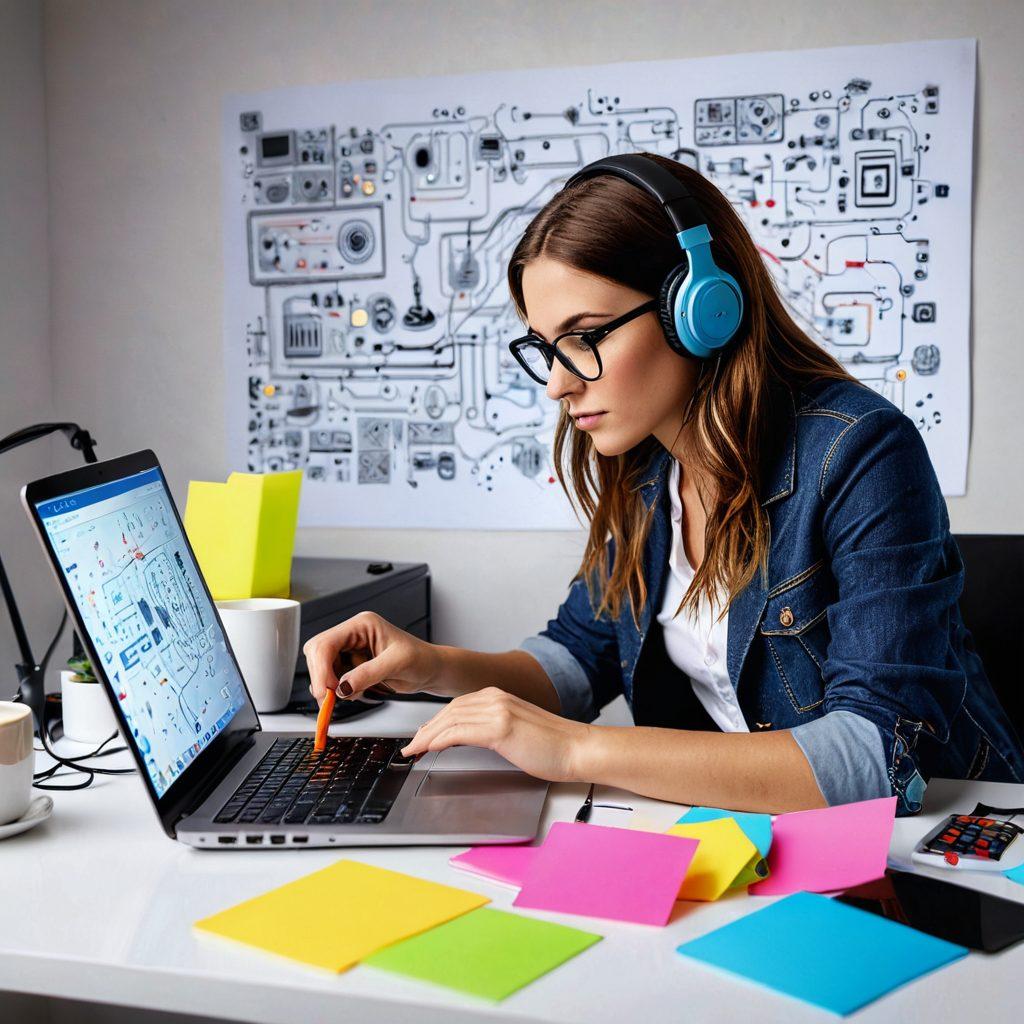 A modern workspace featuring a glowing laptop displaying a blog layout, surrounded by tech gadgets like a smartphone and headphones. A person with an enthusiastic expression is typing, with colorful sticky notes and a cup of coffee nearby. The background showcases a digital world with circuits and connections symbolizing the tech community. super-realistic. vibrant colors. white background.