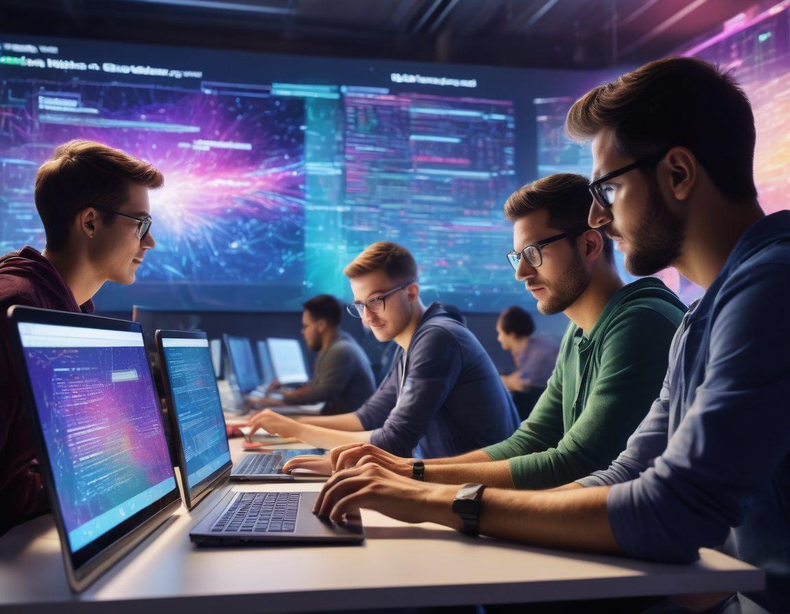 A vibrant and dynamic scene depicting a diverse group of software developers collaborating around a large digital screen, with code and inspirational quotes projected in bright colors. The developers are engaged, sharing ideas, and showcasing tools like laptops and tablets, symbolizing innovation and creativity. The background features a futuristic tech environment with abstract designs symbolizing connectivity and education. super-realistic. vibrant colors. digital art.
